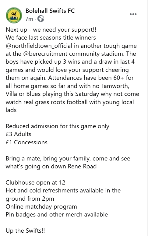 SwiftsBolehall's tweet photo. Saturdays game details below - Reduced admission...! https://t.co/k1PIH4UFSS