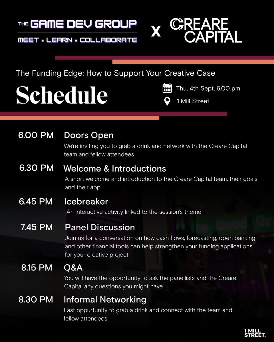 thegamedevgroup's tweet image. We are excited to announce the schedule for next week's Creare Capital event on supporting your greative case.
RSVP now via the link in our Bio!