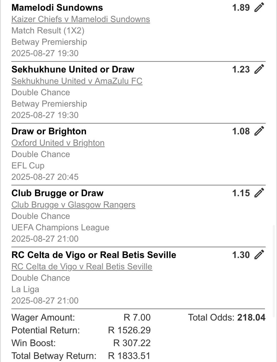 BetwayCode43687's tweet image. BWD5A4989
Double Chance &amp;amp; Straight Wins😉🔥⚽️
use old betway app
#BetwayCodes 
#betwaslips