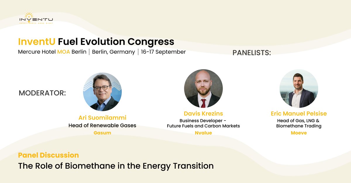 At the InventU Fuel Evolution Congress (Berlin, 16–17 Sept 2025), experts discuss:
- Biomethane vs. other energy sources
- Scaling production responsibly
Register: n9.cl/f8hbj
#Biomethane #EnergyTransition #SustainableFuels #Berlin2025