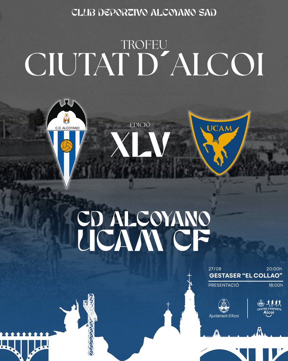 𝑯𝒂 𝒍𝒍𝒆𝒈𝒂𝒅𝒐 𝒆𝒍 𝒅𝒊́𝒂 💙🤍 𝑯𝒐𝒚 𝒆𝒔 𝒆𝒍 𝑻𝒓𝒐𝒇𝒆𝒖 𝑪𝒊𝒖𝒕𝒂𝒕 𝒅’𝑨𝒍𝒄𝒐𝒊

⏰ 18h Presentación fútbol base
⏰ 18:30h Presentación primer equipo 

⚔️ 20h CD Alcoyano vs <a href="/UCAMMurciaCF/">UCAM Murcia CF</a> 

Os esperamos! 🔜🔥

#LaMoralTornaACasa #TrofeuCiutatAlcoi