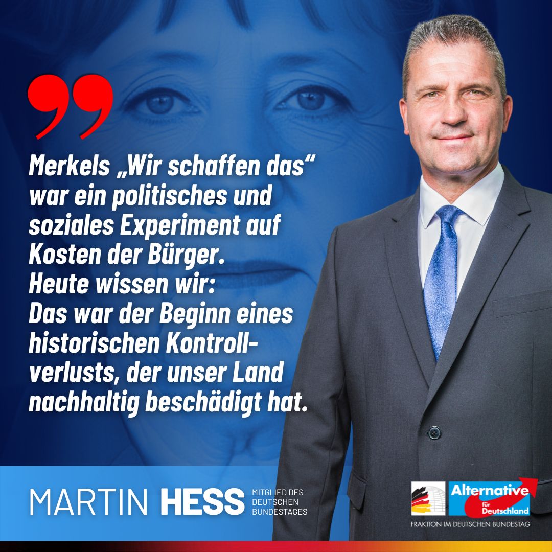 Vor zehn Jahren sagte Angela Merkel: „Wir schaffen das.“
Heute wissen wir: Das war der Beginn eines historischen Kontrollverlusts, der unser Land nachhaltig beschädigt hat.

Zwischen 2015 und 2020 kamen fast 1,5 Millionen Flüchtlinge nach Deutschland, weil Merkel sich weigerte,