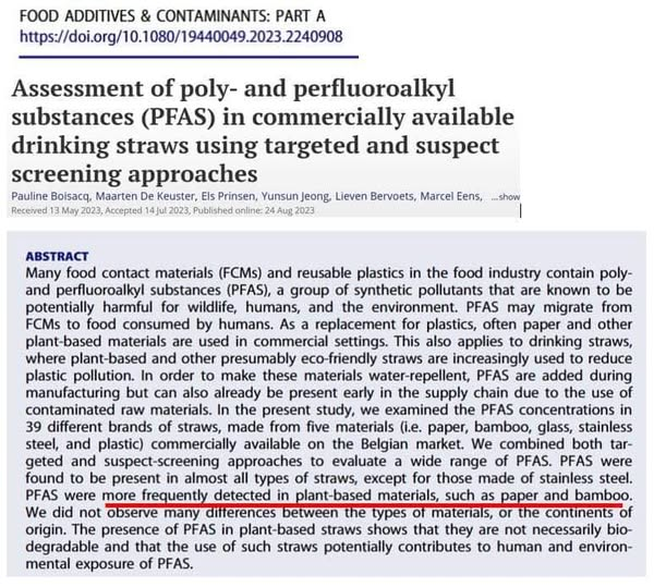 Weet u nog ...plastiek rietjes zijn slecht ?
Wat blijkt nu , er zit meer gezondheid schadelijk PFAS in "eco-vriendelijke" rietjes gemaakt van papier en bamboe. Tot 7 keer meer PFAS in papier&amp;bamboe vergeleken met plastiek rietjes.
Bron : studie Uni Antwerpen.
link naar artikel