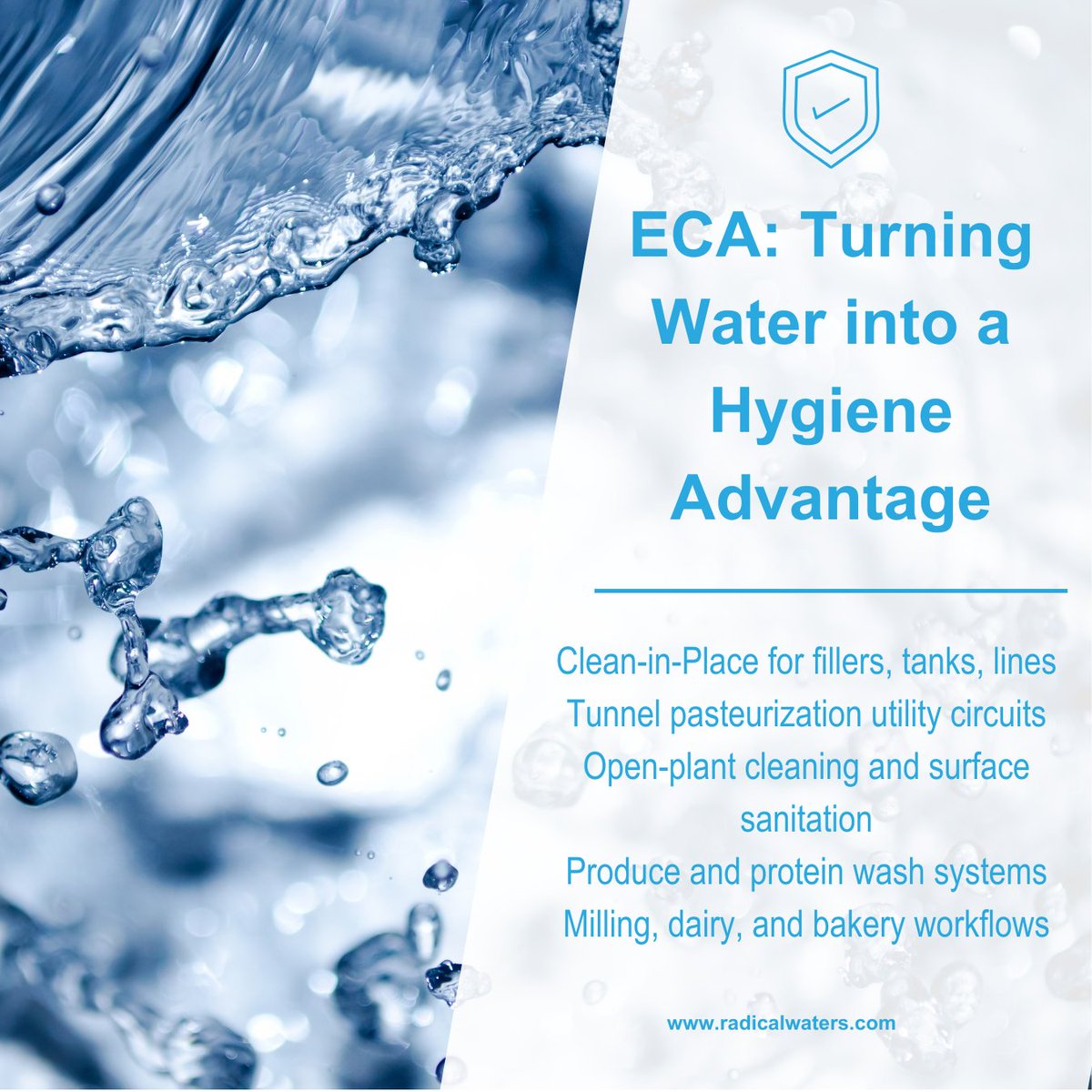 ECA, plain and simple: make hygiene chemistry on site from water, salt, and electricity. Anolyte disinfects fast. Catholyte cleans. Together: shorter CIP, lower water and energy, fewer chemicals, safer workflows. Pilot on one line, baseline, then scale. 
#ECA #CIP #FoodSafety