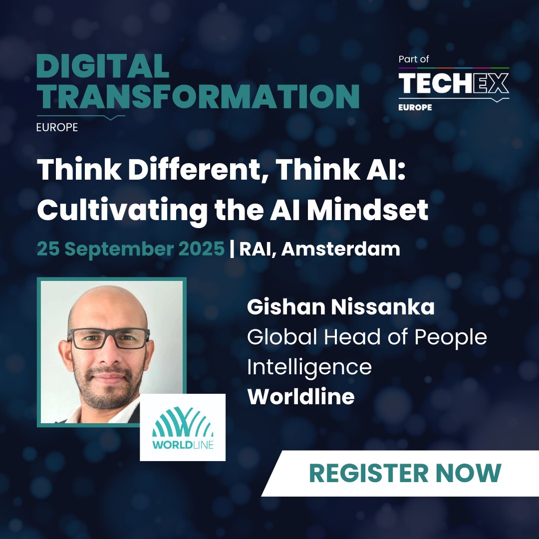 DigitalTWeek's tweet image. AI’s power isn’t just the tools, it’s the mindset.

Hear Worldline&apos;s Gishan Nissanka on cultivating an AI-integrated mindset at Digital Transformation Expo Europe.

📅 24–25 Sept, RAI Amsterdam
👉 digitaltransformation-week.com/europe/?tracki…

#TechExEurope #AI #DigitalTransformation @WorldlineGlobal