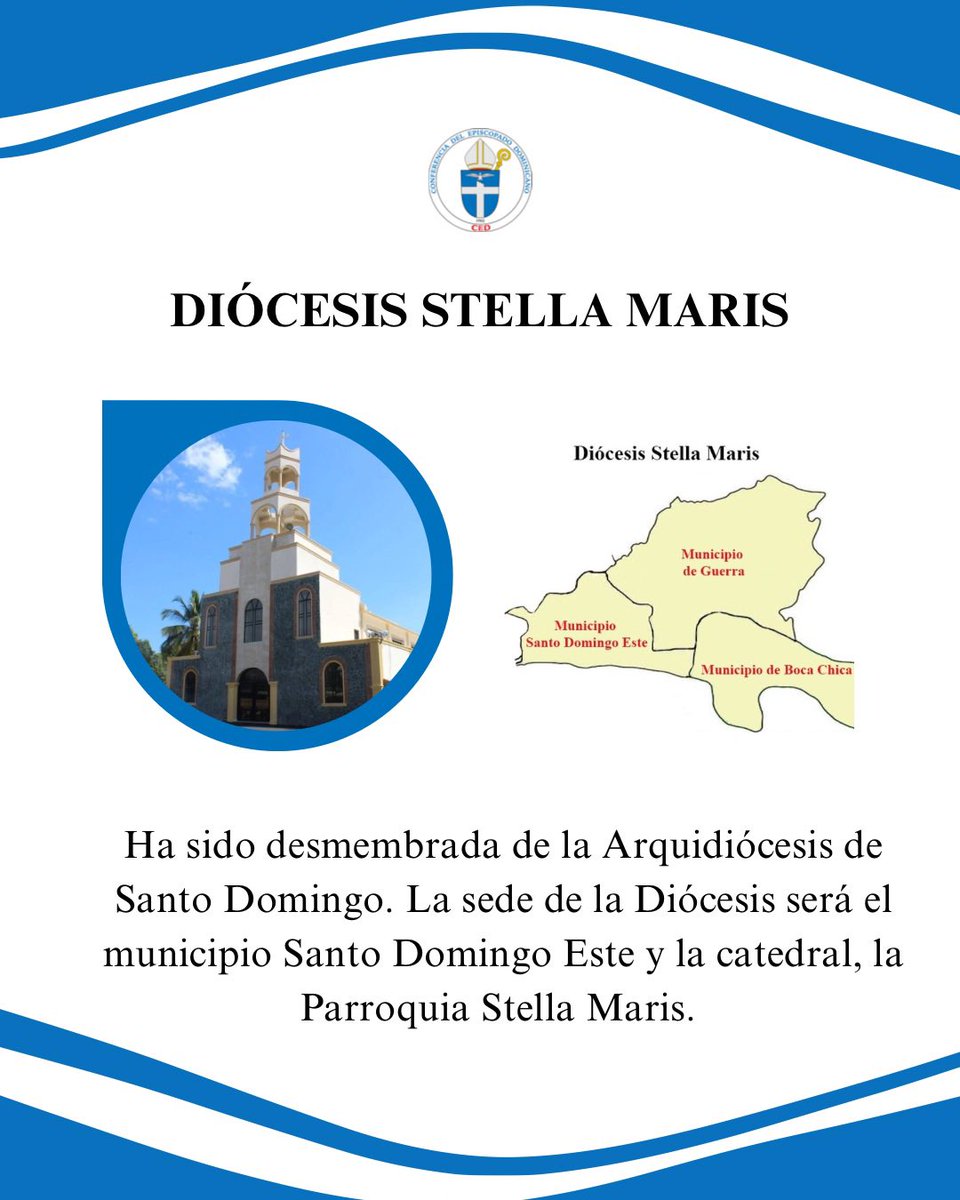 El #PapaLeónXIV erigió la nueva #DiócesisStellaMaris con los municipios de Santo Domingo Este, San Antonio de Guerra y Boca Chica, que anteriormente formaban parte de la Arquidiócesis de Santo Domingo, y designó como su #PrimerObispo al padre Manuel Antonio Ruiz de la Rosa.