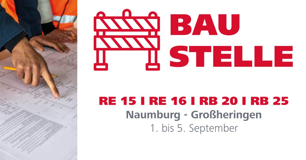 Bazarbeiten der #DB: Die Strecke zwischen #Naumburg und #Großheringen wird vom 1. bis 5.9. jeweils von 8 Uhr bis 16.30 Uhr gesperrt. #RB20 #RB25 #RE15 #RE16
Die Auswirkungen in Einzelnen: abellio.de/presse