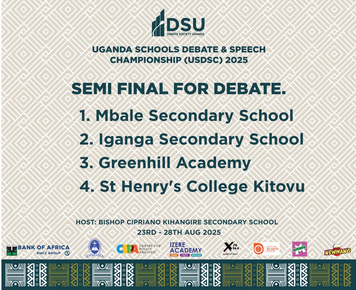 Battle lines have been drawn for the debate semi final. 

Room 1: Iganga Secondary School vs Greenhill Academy 

Room 2: St Henry's College Kitovu vs Mbale Secondary School. 

Who shall make the final of #USDSC25?