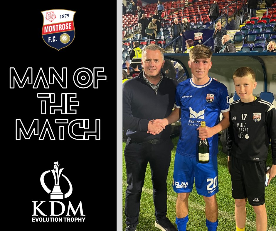 MontroseFC's tweet photo. MAN OF THE MATCH

Keir Bertie was voted Man of the Match last night in our KDM Evolution Trophy clash with Forfar Athletic.

Keir was presented with his bottle of bubbly, kindly sponsored by Fotheringham Homes, by Director Peter Davidson, accompanied by his son Ryan. https://t.co/pDQaNPB96i