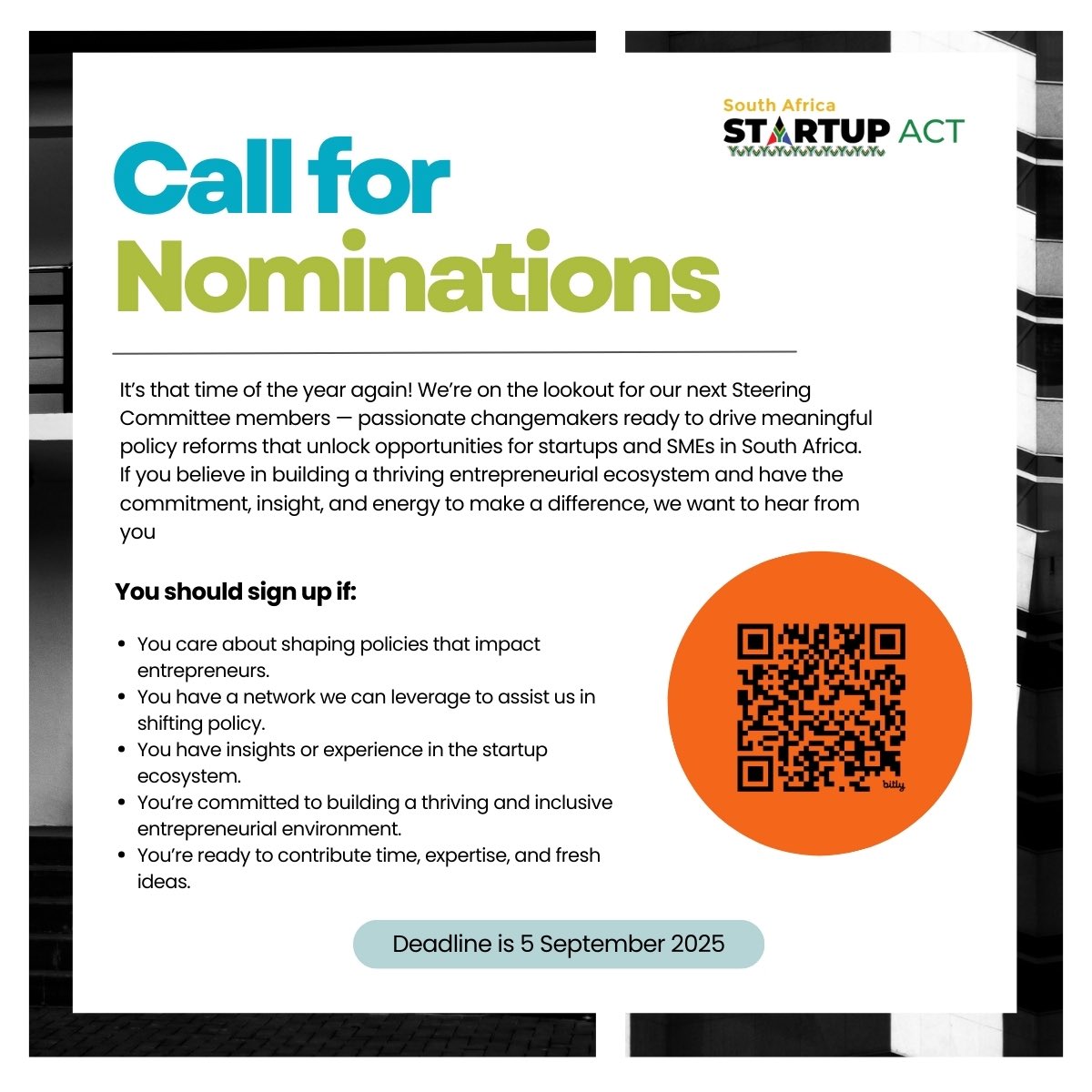 SA_startupact's tweet photo. Call for Nominations! 

The SA Startup Act Movement is looking for new Steering Committee members. If you’re passionate about shaping startup policy, bringing networks, insights &amp; fresh ideas, this is your chance to make real impact!

👉 Nominate here: https://t.co/ajE9NRbkFZ https://t.co/dfMOjsPU98
