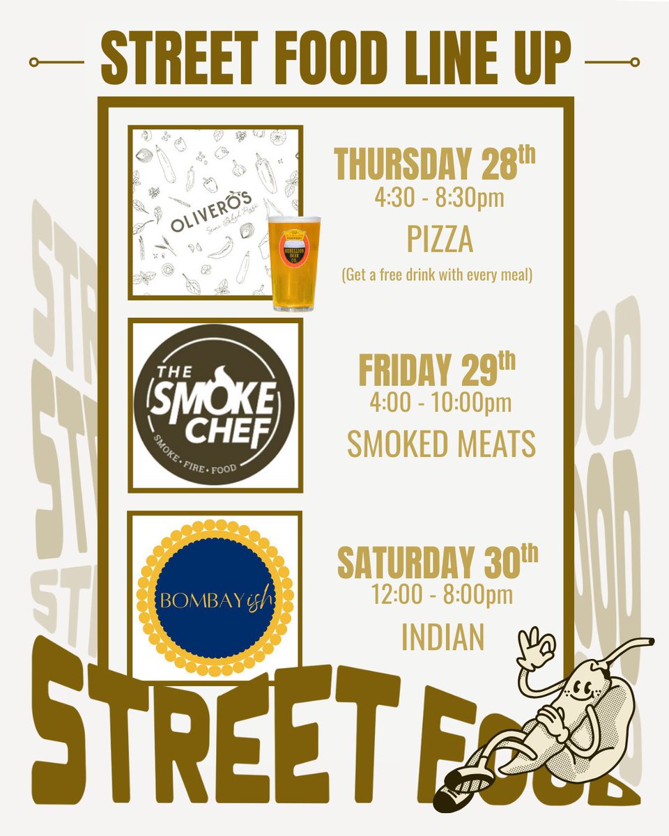 This Week’s Street Food Line-Up! 🔥

🍕 Thursday 28th – Olivero’s Pizza (4:30–8:30pm) <a href="/oliveros/">TEM PRA HOMEM</a>.uk
⭐ PLUS: Grab a free drink with every main dish!

🥩 Friday 29th – The Smoke Chef (4:00-10:00pm) @thesmokechef

🍛 Saturday 30th – Bombayish (12:00-8:00pm) @bombayish_uk
