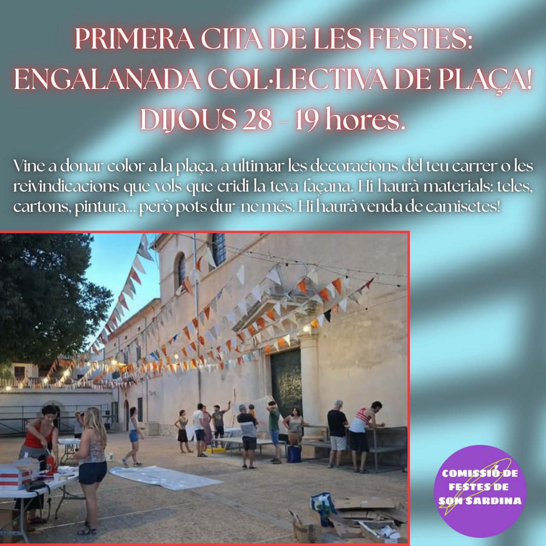 Assemblea Popular de Son Sardina i sa Garriga (@procespobleviu) on Twitter photo 🍾Demà comencen les festes del poble: totalment autogestionades i autoorganitzades. 
Si encara no has decorat la façana contra l'especulació o amb un NO A LA LLEI DEL SÒL, demà tens nova oportunitat per fer-ho. També hi haurà recollida de signatures.
Festa sí, lluita també! 🍾Demà comencen les festes del poble: totalment autogestionades i autoorganitzades. 
Si encara no has decorat la façana contra l'especulació o amb un NO A LA LLEI DEL SÒL, demà tens nova oportunitat per fer-ho. També hi haurà recollida de signatures.
Festa sí, lluita també!