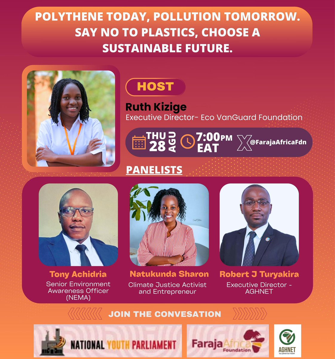Tomorrow I will Join the experts <a href="/tonylala/">Tony Achidria</a> and <a href="/RobertJTurykira/">Robert J.Turyakira</a> at ⏰7:00pm discussing the #Plastic effects and exploring sustainable solutions for our future hosted by <a href="/FarajaAfricaFdn/">Faraja Africa Foundation</a> in partnership with <a href="/NYPUganda/">National Youth Parliament of Uganda</a>.

#ClimateActionNow 
#EndPlasticPollution 

Don't Miss Out!
