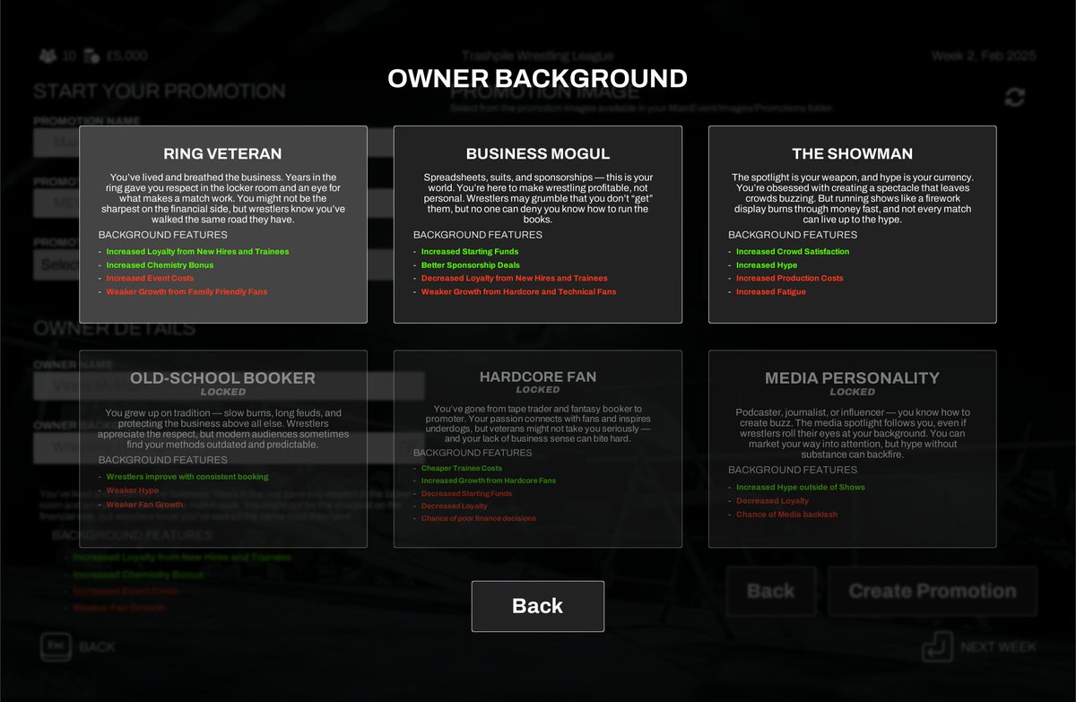 MainEventGame's tweet image. Been playing around with things like setting your personality traits when creating your promotion profile.

Am I missing anything? Is there any specific owner traits you think would fit? 👀