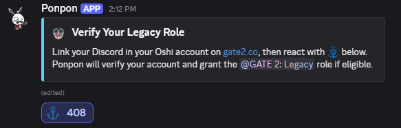 🔔 UPDATE: <a href="/oshikatsu_co/">oshi ✦</a> "GATE 2: Legacy" Discord Role

If you previously participated on Oshi contribution below, now get your Discord role as a badge of your participation!

🔸 Go to gate2.oshi.co/r1a/profile
🔸 Login with your Solana wallet
🔸 Click on your username on the right