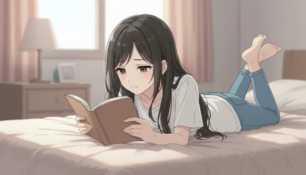 IHayato's tweet image. いやーー、Nano-bananaやばすぎる……。

①元画像（Midjourney）
②差分（クローズアップ）
③差分（夕暮れ、横顔）
④差分（自室のベッドで悲しそうな顔で本を読む）

もはやすごすぎて意味不明。

見ての通り、作画のブレがかなり抑えられるので、ストーリーアニメもいけそう……。