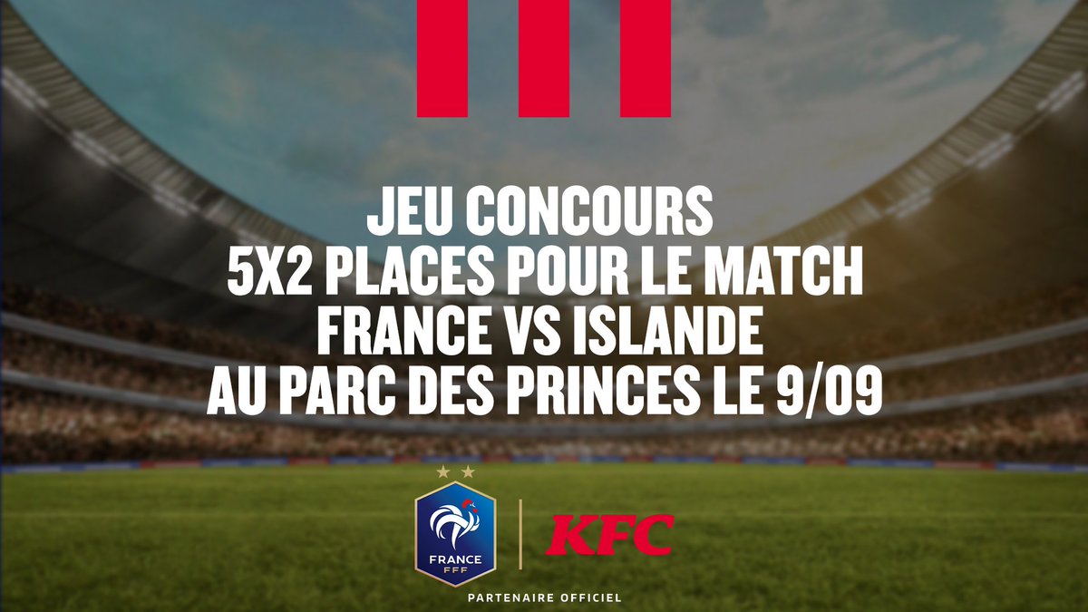 KFC France (@kfcfrance) on Twitter photo 🎟️ Les kjúklingur !! Y’a 10 places pour France - Islande à gagner.
Pour participer :
1️⃣ RT le tweet
2️⃣ Follow <a href="/KFCFrance/">KFC France</a>
3️⃣ Donne-nous ton prono pour le match en commentaire
⚠️ Si tu réponds “On sort en poules” = ban à vie
TAS le 03/09
Bonne chance 🎟️ Les kjúklingur !! Y’a 10 places pour France - Islande à gagner.
Pour participer :
1️⃣ RT le tweet
2️⃣ Follow <a href="/KFCFrance/">KFC France</a>
3️⃣ Donne-nous ton prono pour le match en commentaire
⚠️ Si tu réponds “On sort en poules” = ban à vie
TAS le 03/09
Bonne chance