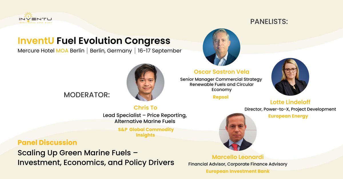 At the InventU Fuel Evolution Congress (Berlin, 16–17 Sept 2025), experts discuss:
🔹 Adoption hurdles
🔹 Investor outlook
🔹 Supply &amp; demand scaling
🔹 Fuel pricing trends
Register: n9.cl/9v73c
#Maritime #GreenFuels #Decarbonization #InventU #Congress