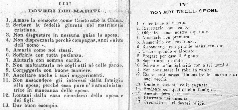 Nell'estate del 1895, dopo un'ottima predicazione ecclesiastica, la chiesa diffuse una comoda guida per riassumere i valori e i doveri della famiglia cristiana.
Ovviamente sono valori di 130 anni fa, ma certe cose, si sa, sono sempre attuali.