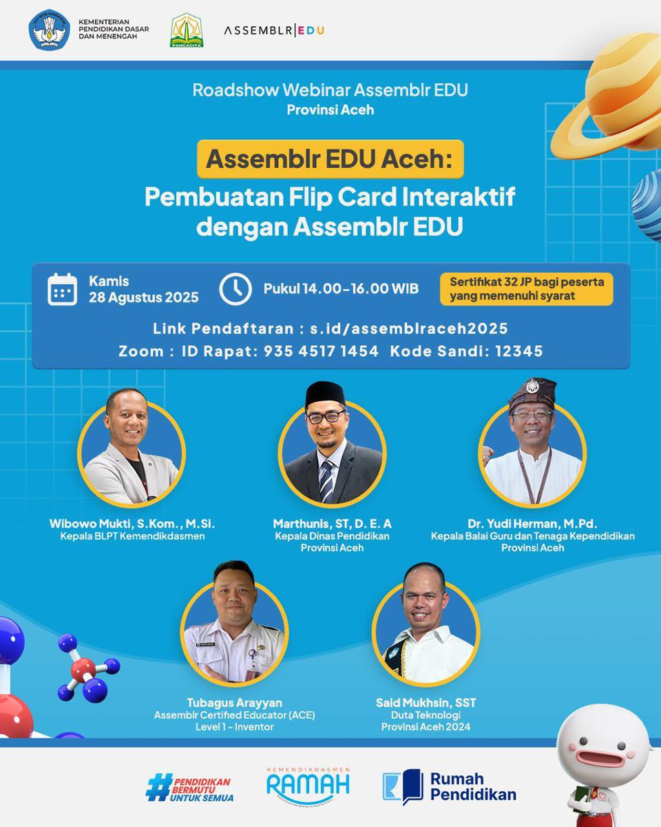disdikacehprov's tweet image. 📣 Webinar Assemblr EDU Aceh 📣
Tema: Pembuatan Flip Card Interaktif dengan Assemblr EDU
📅 Kamis, 28 Agustus 2025
🕑 14.00 – 16.00 WIB | via Zoom
🔗 Daftar: s.id/assemblraceh20…

🎓 Sertifikat 32 JP bagi peserta yang memenuhi syarat!
#SahabatCaroeng #Pendidikan #AssemblrEDU