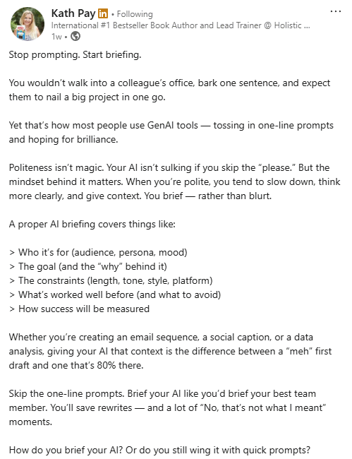 HolisticEmail's tweet image. Being polite isn't just about being nice!

When we're polite, we take the time to make our needs clear to the other person - whether that's a colleague or an AI.

As Holistic's Kath Pay explains that leads to better outcomes for you...

#emailmarketing #emailtips #emailtech