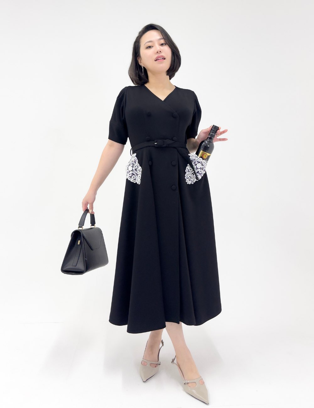 【試着のみ・ほぼ新品未使用】SERPENTINA イージーサテンワンピ JUNOAH ワンピース 「オケージョン対応」前後2wayレースボレロ