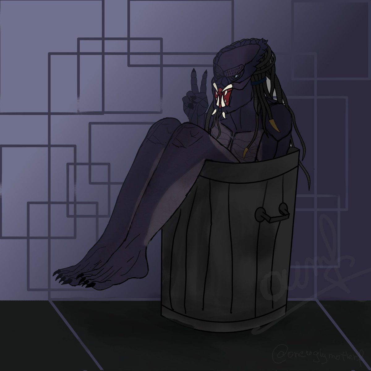 Purple and trash can came out great but the background pls ignore it I tried my best :/

#Predators #ocart #YautjaOC #yautja