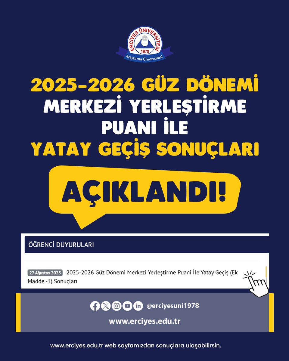 📢 2025-2026 Güz Dönemi Merkezi Yerleştirme Puanı ile Yatay Geçiş Sonuçları Açıklandı!

Erciyes Üniversitesi’nde 2025-2026 Eğitim-Öğretim Yılı Güz Dönemi için Merkezi Yerleştirme Puanı ile Yatay Geçiş (Ek Madde-1) sonuçları ilan edilmiştir.

🔗 Sonuçlara ulaşmak için 👉