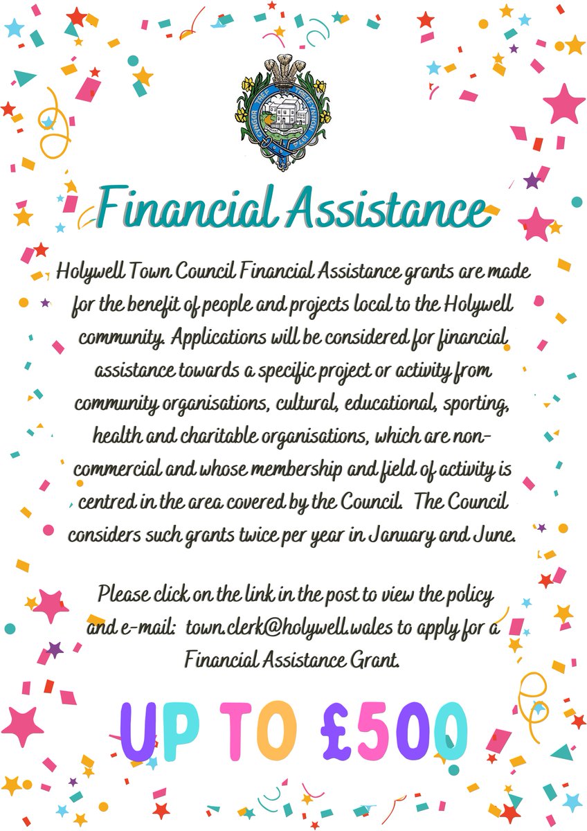 Financial assistance grants will be available again in January for community groups, please contact town.clerk@holywell.wales for an application.  

HTC-Grants-and-Contributions-Policy-v4.pdf