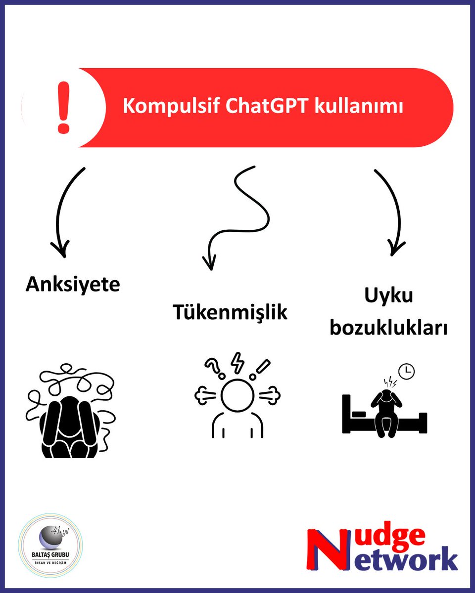 Her soruda ChatGPT mi?

ChatGPT sana hız kazandırır, ama aşırı kullanım zihinsel bağımlılık yaratabilir.

Unutma: Yapay zekâ önerir, son kararı sen ver!

nudgenetwork.net/kaynaklar/

#ChatGPT #Anksiyete #Hız #Zihinsel #Bağımlılık #Aşırı #DuygusalBoşluk #Duygusal #Araç #YapayZeka #AI