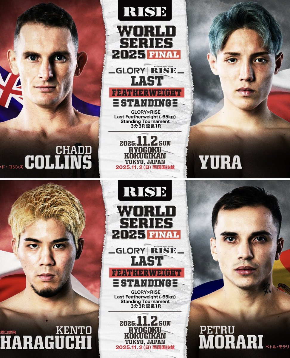 TetsuyaMT789's tweet image. 🚨 4 FIGHTS have been added to The Last Featherweight Standing tournament at RISE World Series 2025 Final on November 2 🔥

Chadd Collins 🇦🇺 vs YURA 🇯🇵
Kento Haraguchi 🇯🇵 vs Petru Morari 🇲🇩
Taiju Shiratori 🇯🇵 vs Hiroki Kasahara 🇯🇵
Sunghyun Lee 🇰🇷 vs Yutaro Asahi 🇯🇵

#RISE_WS