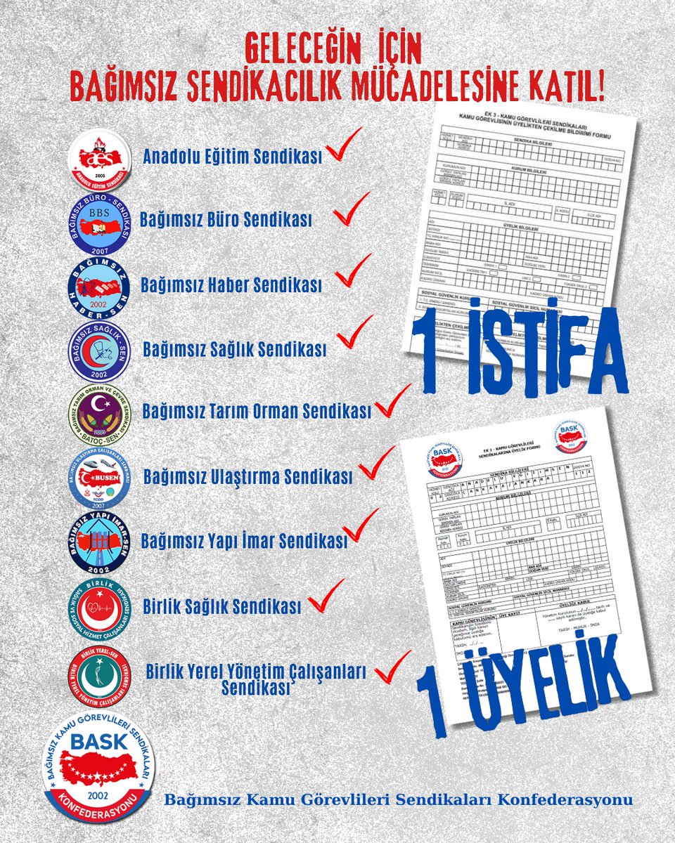 GELECEĞİN İÇİN ÜYE OL!
DEĞERLİ MEMUR ARKADAŞIM;
Dün ALDATILDIN, 
Bugün ALDATILDIN ! 
Değişim İçin İrade Koymazsan Yarın da ALDATILACAKSIN!
Değişim İçin Adresin BASK’ a Bağlı Sendikalar
 
👇🏻
bask.org.tr/online-transac…