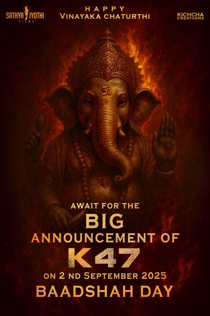 Sathya Jyothi Films (@sathyajyothi) on Twitter photo ಗೌರಿ ಗಣೇಶ ಹಬ್ಬದ ಶುಭಾಶಯಗಳು! 🌺
Get ready for the BIG ANNOUCEMENT.
#BaadShahDay #Kichcha47Annoucement
<a href="/KicchaSudeep/">Kichcha Sudeepa</a> <a href="/Kichchacreatiin/">Kichcha Creatiions</a> <a href="/SathyaJyothi/">Sathya Jyothi Films</a> <a href="/VKartikeyaa/">VIJAY Kartikeyaa</a> <a href="/AJANEESHB/">B AJANEESH LOKNATH</a> <a href="/iampriya06/">Priya Sudeep/ಪ್ರಿಯ</a> <a href="/shekarchandra71/">cahndrashekhara D</a> <a href="/ganeshbaabu21/">Ganeshbaabu</a> <a href="/shivakumarart/">shivakumar</a> <a href="/kevinkumarrrr/">Kevin Kumar</a> <a href="/TSrirammt/">Sriram.m.t</a> ಗೌರಿ ಗಣೇಶ ಹಬ್ಬದ ಶುಭಾಶಯಗಳು! 🌺
Get ready for the BIG ANNOUCEMENT.
#BaadShahDay #Kichcha47Annoucement
<a href="/KicchaSudeep/">Kichcha Sudeepa</a> <a href="/Kichchacreatiin/">Kichcha Creatiions</a> <a href="/SathyaJyothi/">Sathya Jyothi Films</a> <a href="/VKartikeyaa/">VIJAY Kartikeyaa</a> <a href="/AJANEESHB/">B AJANEESH LOKNATH</a> <a href="/iampriya06/">Priya Sudeep/ಪ್ರಿಯ</a> <a href="/shekarchandra71/">cahndrashekhara D</a> <a href="/ganeshbaabu21/">Ganeshbaabu</a> <a href="/shivakumarart/">shivakumar</a> <a href="/kevinkumarrrr/">Kevin Kumar</a> <a href="/TSrirammt/">Sriram.m.t</a>