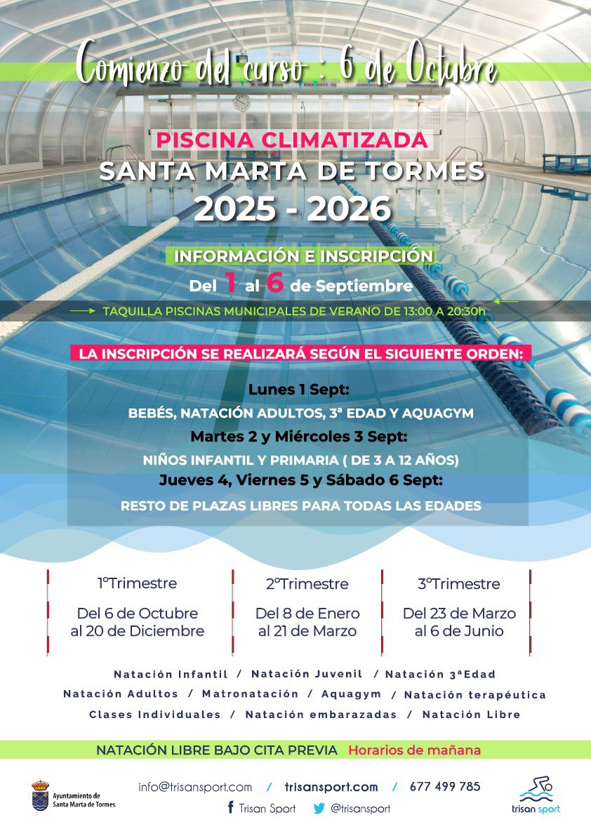 El lunes 1 de septiembre comienza el periodo de inscripciones de la piscina climatizada de Santa Marta que se realizará por edades. Consulta en el cartel los plazos y las clases disponibles
