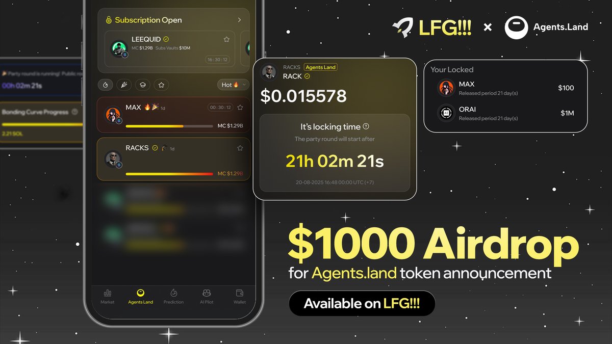 [LFG!!! x Agents.land] $1000 Airdrop 🚀

Agents.land 2.0 is LIVE! Integrated with LFG!!! - lock &amp; buy tokens every round right in the app.

Join the “Welcome Agents.land 2.0” Mission and win big! 💸

How to join:
✅ Follow <a href="/lfg_land/">LFG!!!</a> &amp;