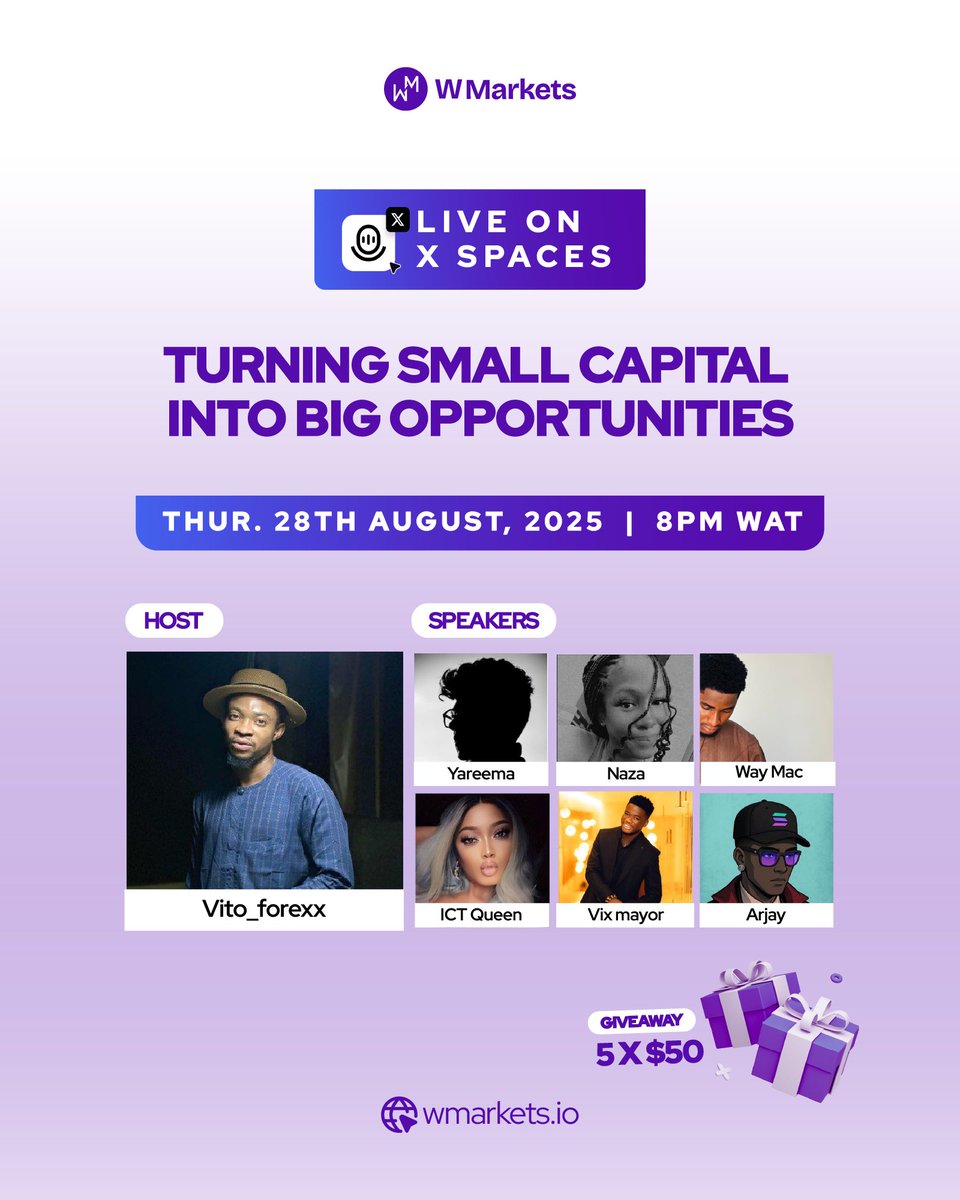 Turning small capital into big opportunities part 2

Speakers: <a href="/YareemaFx/">Yareema | Bullion🫆</a> <a href="/_nazatrades/">Naza✨</a> <a href="/waymac_x/">WayMac 📊</a> <a href="/QueenTea__/">ICTQUEEN</a> <a href="/Vix_Mayor/">VixMayor</a> <a href="/ArjayRayy/">.𝐀𝐫𝐣𝐚𝐲</a> 

Date: Thurs: 28th Aug.
Time: 8:00pm
Venue: X

Giveaway 5 X $50
Don’t miss it.