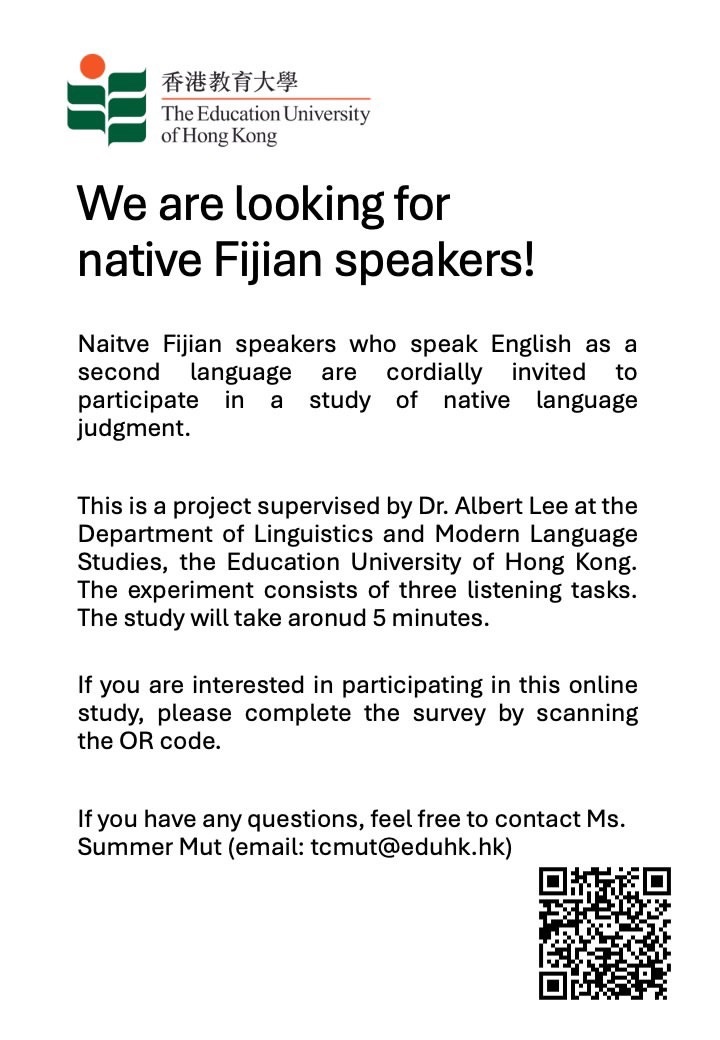 Chaakming Lau (@chaakming) on Twitter photo This study is recruiting native Fijian speakers. 
📝 Details:
- Participation is voluntary and anonymous.
- The survey will take around 5 mins.
- You can take part from anywhere in the world, as long as you have a device with internet access. This study is recruiting native Fijian speakers. 
📝 Details:
- Participation is voluntary and anonymous.
- The survey will take around 5 mins.
- You can take part from anywhere in the world, as long as you have a device with internet access.