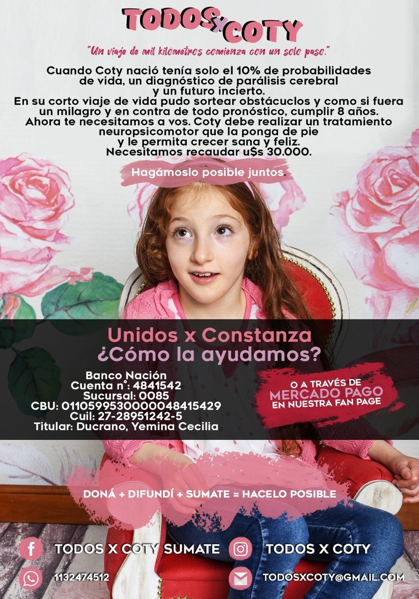 Unidos por Coty, una luchadora de la vida. Hoy nos acompaña en y nos sumamos a esta campaña solidaria. Ayudanos a difundir para hacerlo posible juntos.