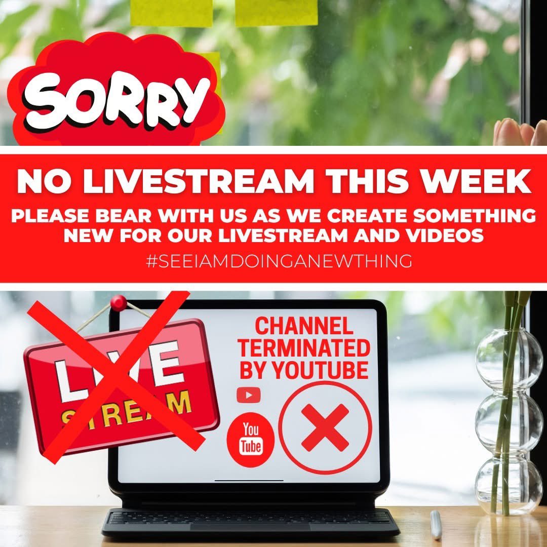 Without warning or real explanation our <a href="/YouTube/">YouTube</a> channel has been terminated. Being unable to livestream our Services -a lifeline for so many-is 💔 But our mission to share the Good News continues. We are exploring new platforms and fresh ways to connect online.LETS DO THIS STGW!