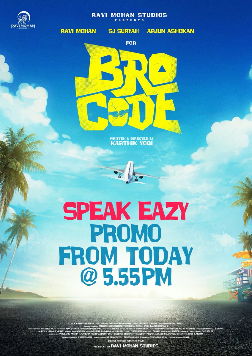 #Brocode promo from today 🔥🔥

<a href="/RaviMohanStudio/">Ravi Mohan Studios</a>’s Production No.1 

Starring <a href="/iam_RaviMohan/">Ravi Mohan</a> <a href="/iam_SJSuryah/">S J Suryah</a> &amp; #ArjunAshokan today at 5:55PM 🤜🤛

Stay Tuned to 🔗youtube.com/@ravimohanstud…

<a href="/srigouripriya/">Sri Gouri Priya</a> <a href="/ShraddhaSrinath/">Shraddha Srinath</a> <a href="/imalavikamanoj/">malavika manoj</a> #aiswaryaraj #upendralimaye <a href="/shiyamjack/">Shiyam Jack</a>