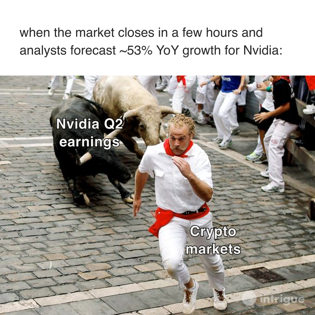 #Nvidia reports earnings today with ~$46B revenue expected, fueled by AI chip demand and China’s H20 sales. Options markets brace for a 6% swing — a $260B move — that could ripple through the S&amp;P 500 and crypto. Investors may shoot for the moon, but a sharp pullback looms if
