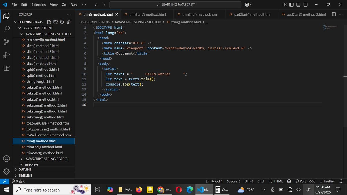 a_naheemah's tweet image. Exploring JavaScript String Methods
I've moved on to learn about string methods. Here are some of the methods I've learned so far:
1. length()
2. trim()
3. trimStart()
4. trimEnd()
5. padStart()
6. padEnd()
7. repeat()
#frontenddevelopment
#javascript
#techgrowth