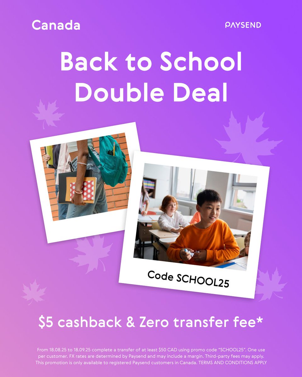 🍁 Canada, start the school year with savings.
Use code SCHOOL25 on your first $50+ transfer and enjoy:
✅ Zero fees
✅ $5 cashback
🔗 Full details on our blog: paysend.com/en-ca/blog/pay…