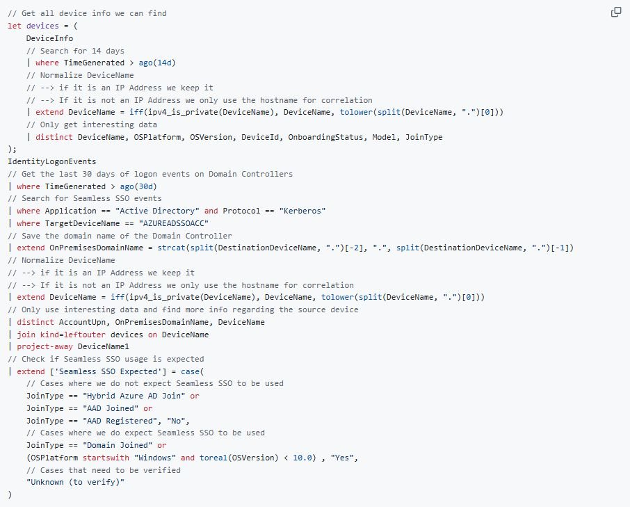 RobbeVdDaele's tweet image. 🔎Hunt for domains with Seamless SSO enabled in Entra ID Connect.

Thanks to @NathanMcNulty for figuring out how we can audit Seamless SSO usage. Below you can find a KQL query using Defender for Identity.

github.com/HybridBrothers…

#Entra #EntraID