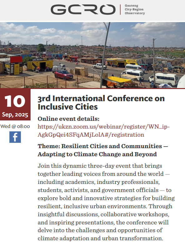 What efforts are being made for improved cities?🌍Join academics, professionals, activists &amp; policymakers, as they explore bold, inclusive strategies for building urban resilience in the face of climate change.

🔗Register here: gcro.ac.za/news-events/ev…

#ResearchNotice
