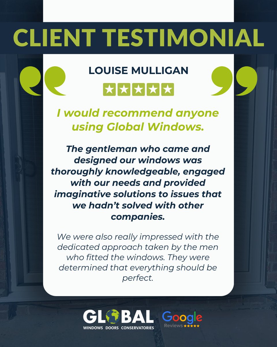 Perfection is hard to come by... But at Global Windows, it's what we strive for!

When you choose us, you get knowledgeable, dedicated experts who help you achieve the look &amp; feel you want for your home.

Thank you for your kind review, Louise! 😍

#Testimonial #DoorsAndWindows