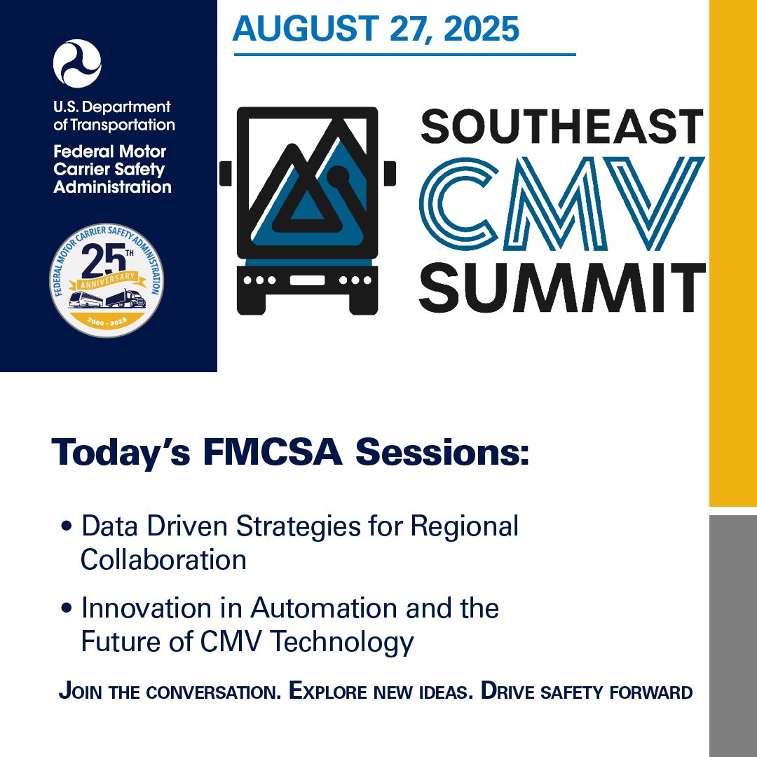 FMCSA's tweet image. Day 2 of the Southeast #CMVSafety Research Summit! Join FMCSA-led sessions on data-driven safety strategies (10:15 AM CT) and the future of automated CMVs (1:00 PM CT).  
#FMCSA #ACEProgram #DataAnalytics #AutomatedTrucking @ATI_UA