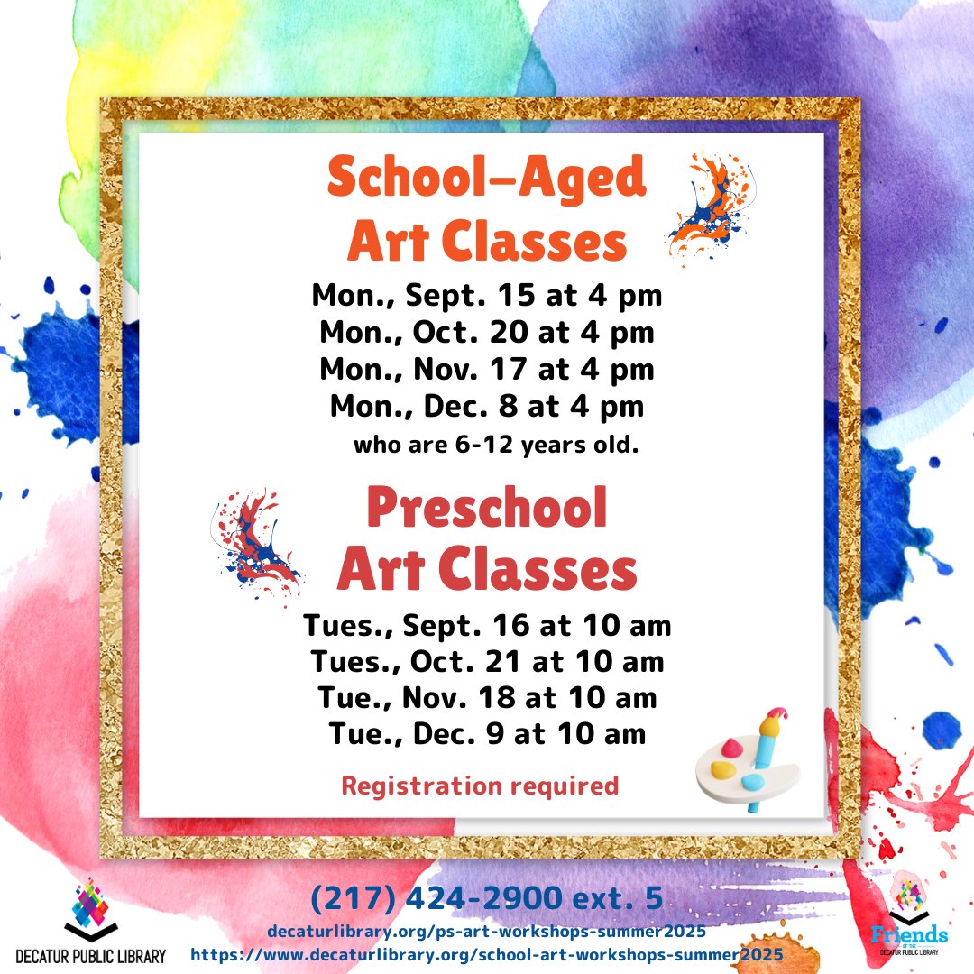 Join us for preschool or school-aged art classes, taught by art teacher Connie Brewster, this summer! To register or find out more visit our website or call (217) 424-2900 ext. 5. 
decaturlibrary.org/ps-art-worksho…
decaturlibrary.org/school-art-wor…