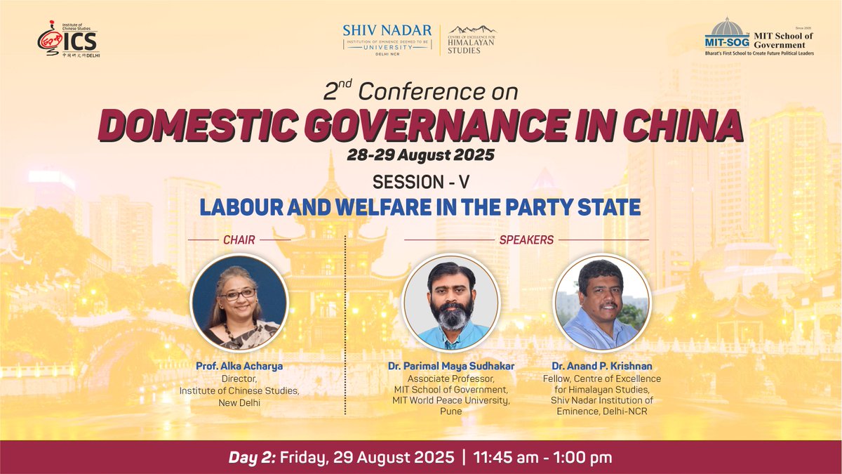 #𝟐𝐧𝐝𝐂𝐃𝐆𝐂 📢  
Day Two!  
📷Session V  
Theme: Labour and Welfare in the Party State
Chair: Prof. Alka Acharya 
Speakers: Dr. <a href="/ParimalMS/">Parimal </a> &amp; <a href="/anandpkrishnan/">Anand P. Krishnan</a> 

Participation by Invitation only!
#China #governance