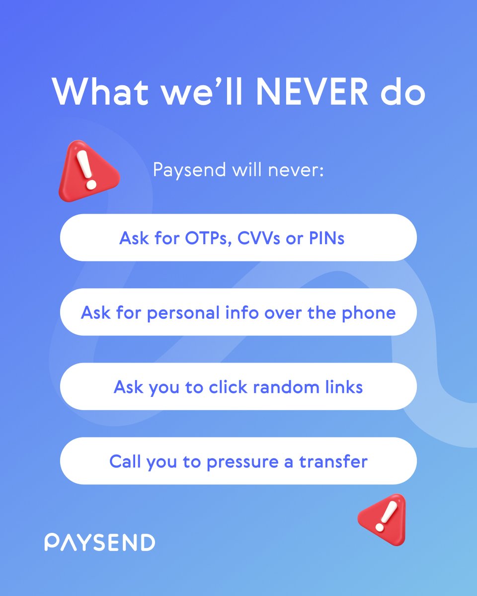 Phishing scams are getting smarter. But you can too.
Fraudsters may pretend to be Paysend — urging you to click a link, share a code, or make a quick transfer.
⚠️ Don’t fall for it.
✅ Only use paysend.com
🚫 Never share security codes
💬 Contact us if you’re unsure